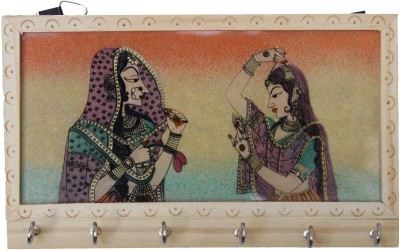 Paheli Craft Wooden Gem Stone Key Holder With 6 Hooks Traditional Painting Key Hanger Wall Hanging (8X4 Inch) Wood Key Holder(6 Hooks, Multicolor)