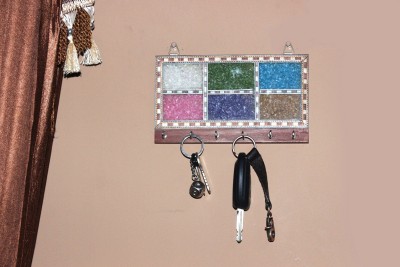 Paheli Craft Wooden Gem Stone Key Holder With 6 Hooks Traditional Key Hanger Wall Hanging (8X4 Inch) Wood Key Holder(6 Hooks, Multicolor)