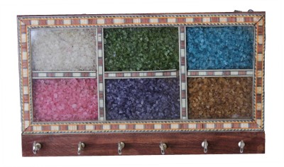 Paheli Craft Wooden Gem Stone Key Holder With 6 Hooks Traditional Painting Hanger Wall Hanging (8X4 Inch) Wood Key Holder(6 Hooks, Multicolor)