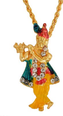 Morvi Gold plated Brass 24KT micron Meenakari Work Religious Lord Krishna God Pendant with Chain, Locket necklace Temple Jewellery for Men & Women Gold-plated Brass Pendant