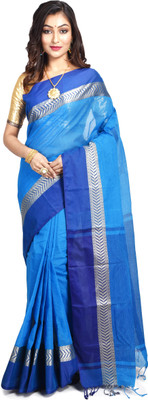 Rukmini Boutique Color Block Handloom Cotton Linen, Pure Cotton Saree(Light Blue)