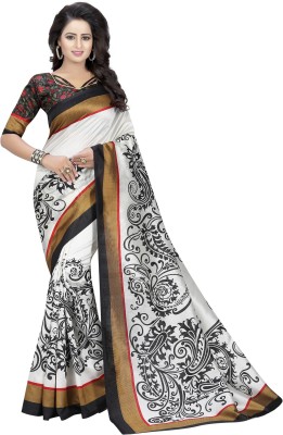 Kjs Printed Bollywood Polyester, Art Silk Saree(White)