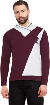 Black Collection Solid Men Cowl Neck White, Maroon T-Shirt