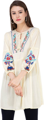 SAAKAA Casual Bishop Sleeve Embroidered Women Beige Top