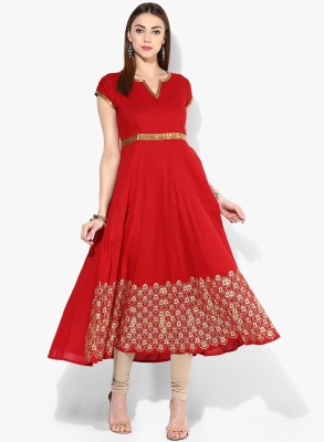 MBE Women Embroidered Flared Kurta(Red, Gold)
