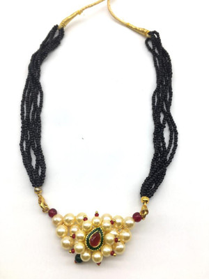 Digital Dress Room Women's Jewellery Gold Plated Mangalsutra Necklace 14-inch Length Chain Golden Nath Pendant Enamal Work Pearls Traditional Black Beads 6 Line Multilayer Short Mangalsutra For Girls Alloy Mangalsutra