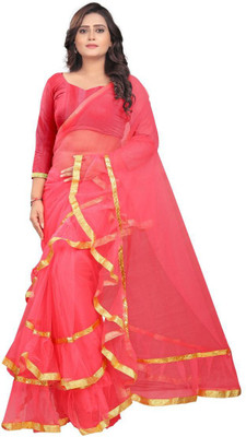 AAENA Self Design Bollywood Net Saree(Pink)