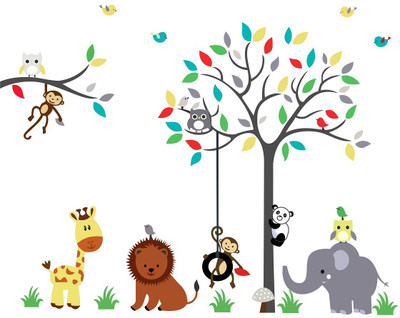 WALLSTICK 91.44 cm ANIMALS UNDER TREE STICKER Self Adhesive Sticker(Pack of 1)