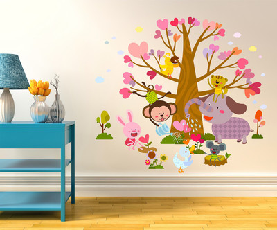 fuzzy 120 cm Tree with Animals Self Adhesive Sticker(Pack of 1)