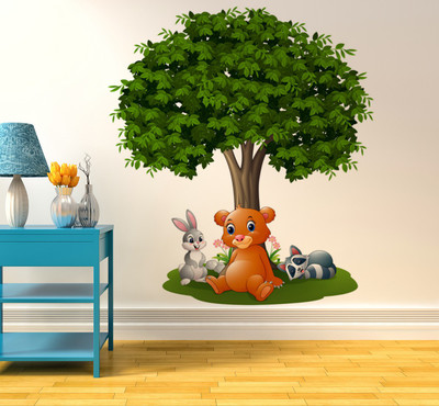 HAPPYSTICKY 80 cm Colorfull Tree With Animals Self Adhesive Sticker(Pack of 1)