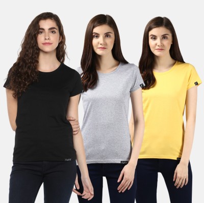 Young trendz Self Design, Solid Women Round Neck Black, Grey, Yellow T-Shirt