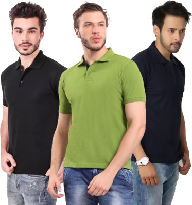 YUALIN CREATION Solid Men Polo Neck Dark Blue, Green, Black T-Shirt