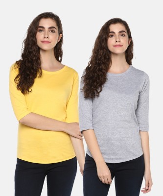 Young trendz Self Design, Solid Women Round Neck Grey, Yellow T-Shirt