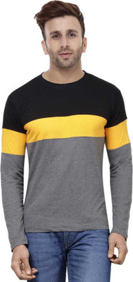 FASHNET Striped Men Round Neck Reversible Black, Grey, Yellow T-Shirt