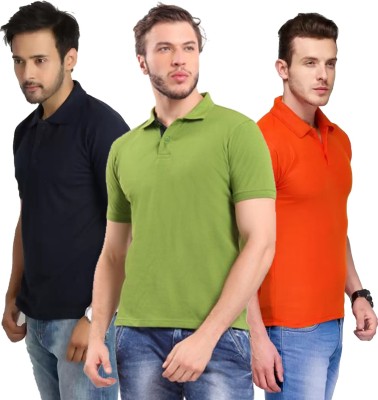 KEOTI Solid Men Polo Neck Dark Blue, Orange, Light Green T-Shirt