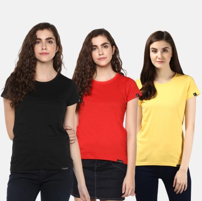 Young trendz Self Design, Solid Women Round Neck Black, Orange, Yellow T-Shirt