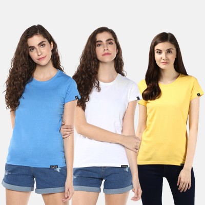 Young trendz Self Design, Solid Women Round Neck White, Blue, Yellow T-Shirt