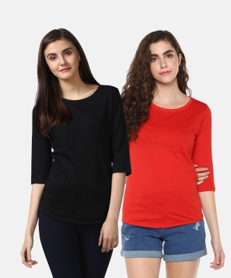 Young trendz Self Design, Solid Women Round Neck Red, Black T-Shirt