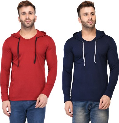 Adorbs Solid Men Hooded Neck Dark Blue, Maroon T-Shirt