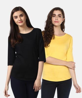 Young trendz Self Design, Solid Women Round Neck Black, Yellow T-Shirt