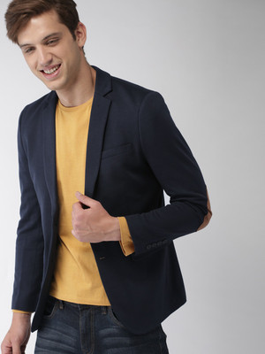 Mast & Harbour Solid Single Breasted Casual Men Blazer(Dark Blue)