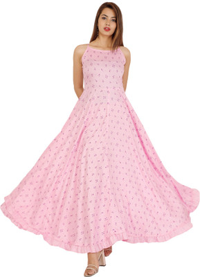 OMASK Women Printed Gown Kurta(Pink)