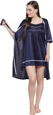 Claura Women Nighty with Robe(Dark Blue)