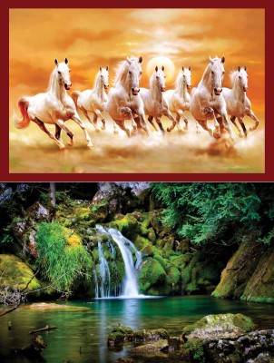 Vastu nano poster white 7 horse running sticker poster + Nature Beautiful Vastu Wallpaper Green Forest Pleasant Water Flow Sticker Wall Frames are not Included - Only Poster Paper Print (12 inch X 18 inch, Only Poster.) ( 2 Combo ) Fine Art Print(12 inch X 18 inch)