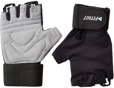 Fitkit Weight Lifting Gloves with extra long wrist strap, Large (Pair) Gym & Fitness Gloves(Grey & Black)