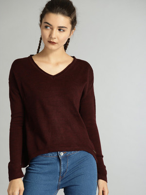 Roadster Solid V Neck Casual Women Maroon Sweater