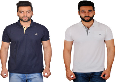 Cousin's Solid Men Polo Neck Dark Blue, Grey T-Shirt