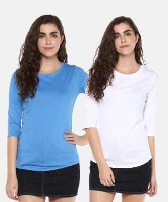 Young trendz Solid Women Round Neck White, Blue T-Shirt