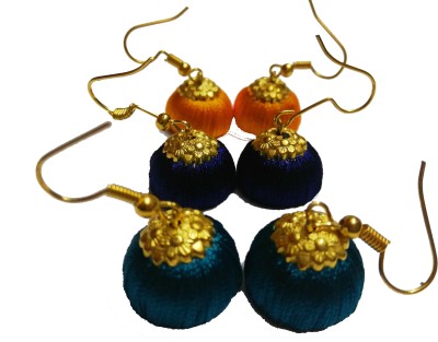 Kandharam Stylish Hook Turquoise yellow blue silk thread earring Fabric Jhumki Earring