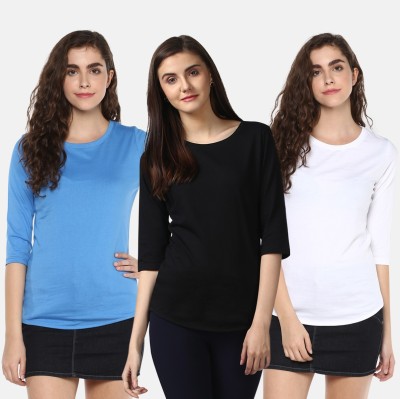 Young trendz Self Design, Solid Women Round Neck White, Blue, Black T-Shirt