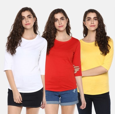 Young trendz Self Design, Solid Women Round Neck Red, White, Yellow T-Shirt