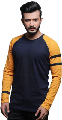 FASHNET Colorblock Men Round Neck Dark Blue, Yellow T-Shirt