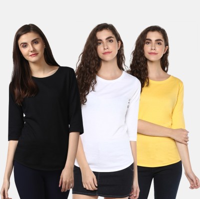 Young trendz Self Design, Solid Women Round Neck White, Black, Yellow T-Shirt
