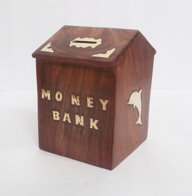 ANSARI CRAFTS Wooden Dolphin Money Bank/Hut coin Bank/Cash Box/Piggy Bank Big Coin Bank(Brown)