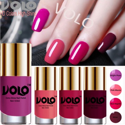 Volo HD Colors High-Shine Long Lasting Non Toxic Professional Nail Polish Set of 4 Combo No-1 Bright Plum, Moon Magenta, Wine, Pink Mania(Pack of 4)