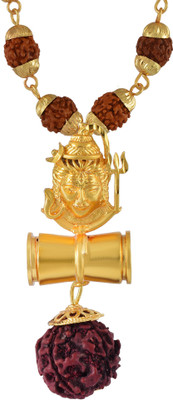 Morvi Gold Plated Brass 24kt Bholenath Face, Panchmukhi Rudraksh Chain, Openable Damru Shape, Temple Jewellery for Men and Women Gold-plated Brass Pendant