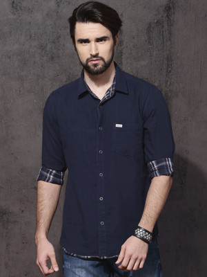 Roadster Men Solid, Checkered Casual Dark Blue Shirt