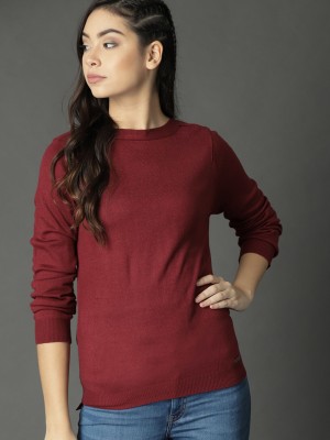 Roadster Solid Round Neck Casual Women Maroon Sweater