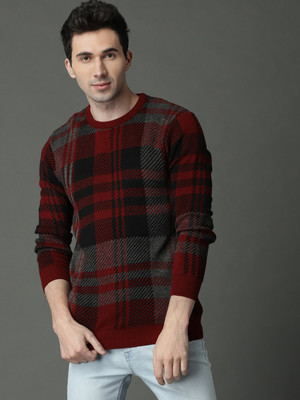 Roadster Checkered Round Neck Casual Men Maroon Sweater