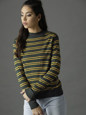 Roadster Woven High Neck Casual Women Yellow, Grey Sweater