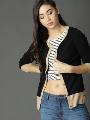 Roadster Solid Round Neck Casual Women Black, Beige Sweater
