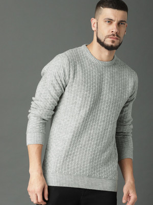 Roadster Self Design Round Neck Casual Men Grey Sweater