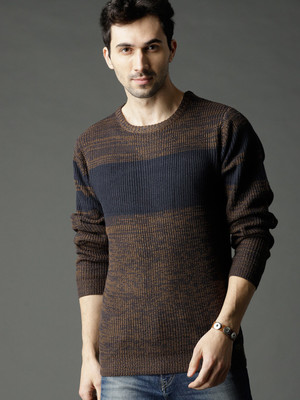 Roadster Self Design Round Neck Casual Men Blue, Brown Sweater
