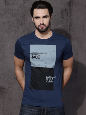 Roadster Printed Men Round Neck Dark Blue T-Shirt