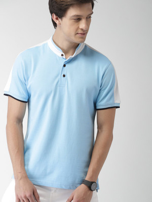 Mast & Harbour Colorblock Men Mandarin Collar Blue T-Shirt