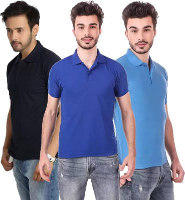 KEOTI Self Design, Solid Men Polo Neck Dark Blue, Light Blue, Blue T-Shirt